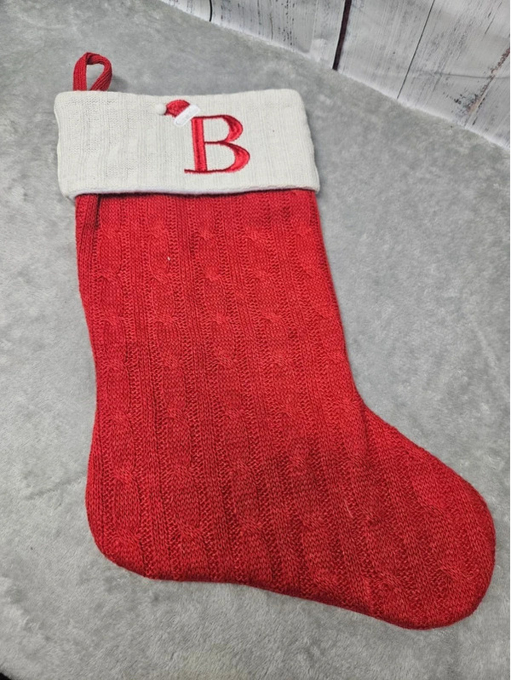 Christmas Stocking Red Cable Knit Monogram B Personalized Holiday Decor Stocking